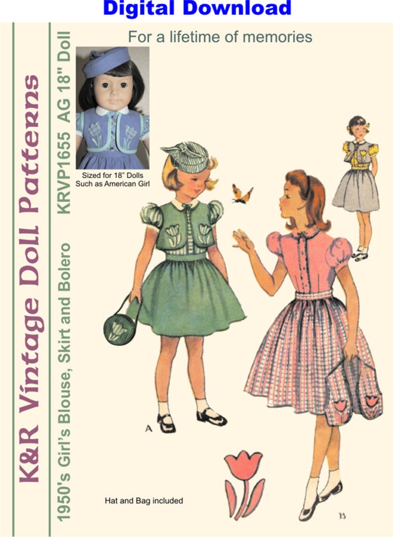 KRVP-1655DD, 18 Doll, Vintage 1950's Blouse, Skirt & Bolero PATTERN, Digital Download image 1