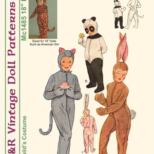 Puede incluir: Un patrón de costura vintage para hacer disfraces de muñecas de 45 cm. El patrón incluye instrucciones para hacer un disfraz de gato, panda y conejo. El patrón se titula "K&R Vintage Doll Patterns" y "1949 Child's Costume". El número de patrón es Mc1485 18" Doll.