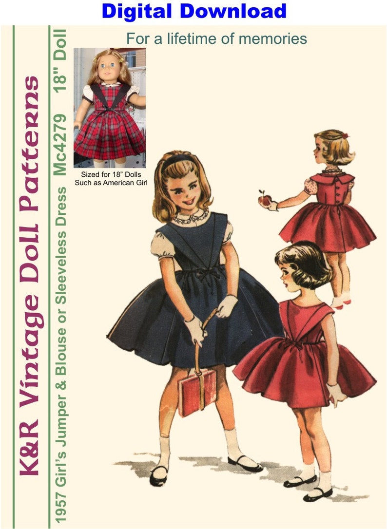 KRVP-4279DD, 18 Doll, Vintage 1950's Dress PATTERN, Digital Download image 1