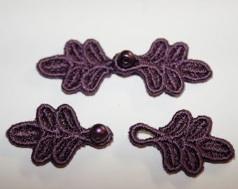 Small Frog Closures 1 3/4", pkg of 2. #R20 GRAPE. Machine Embroidered.