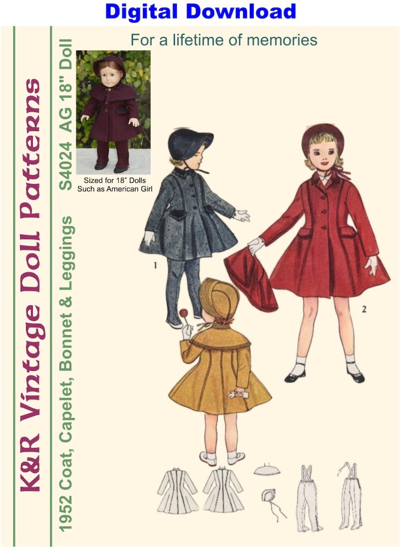 KRVP-4024DD, 18 Doll, Vintage 1950's Coat, Capelet, Hat & Leggings PATTERN, Digital Download image 1