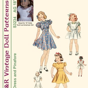 Puede incluir: Patrón de costura vintage para hacer vestidos para muñecas de 45 cm. El patrón incluye cuatro estilos de vestidos diferentes, incluyendo un delantal y un vestido con estampado floral. El patrón se titula "K&R Vintage Doll Patterns" y "1940's Dress and Pinafore" y tiene el número "S3234 AG 18" Doll".
