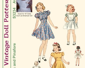 May include: Vintage sewing pattern for making dresses for 18-inch dolls. The pattern includes four different dress styles, including a pinafore and a dress with a floral print. The pattern is titled "K&R Vintage Doll Patterns" and "1940's Dress and Pinafore" and has the number "S3234 AG 18" Doll".