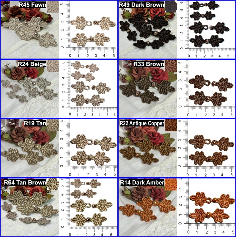 May include: A collection of decorative leaf-shaped embellishments in various colors, including fawn, dark brown, beige, tan, antique copper, and dark amber. Each design features a central pearl-like bead and is displayed with a ruler for size reference.