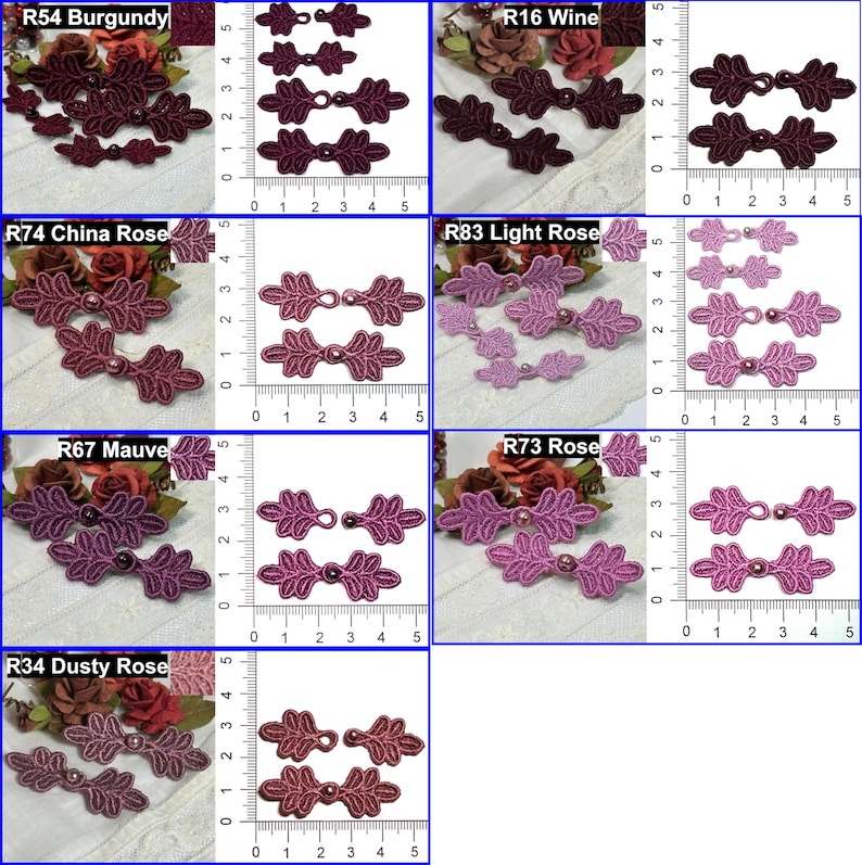 May include: A collection of decorative leaf-shaped closures in various shades of burgundy, wine, rose, and mauve. Each closure features a central bead and is displayed with a ruler for size reference. The closures measure approximately 1 to 2 inches in length.