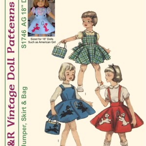 Puede incluir: Un patrón de costura vintage para un conjunto de muñeca de 45 cm que incluye un jersey, una falda y un bolso. El patrón es de 1956 y está diseñado para muñecas como American Girl. El patrón muestra tres atuendos diferentes, uno con un jersey y una falda azules, otro con un jersey y una falda de cuadros verdes y el último con un jersey y una falda rojos. Cada atuendo presenta un diseño de caniche.