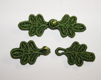 Small Frog Closures 1 3/4", pkg of 2. #R40 MEDIUM GREEN. Machine Embroidered.