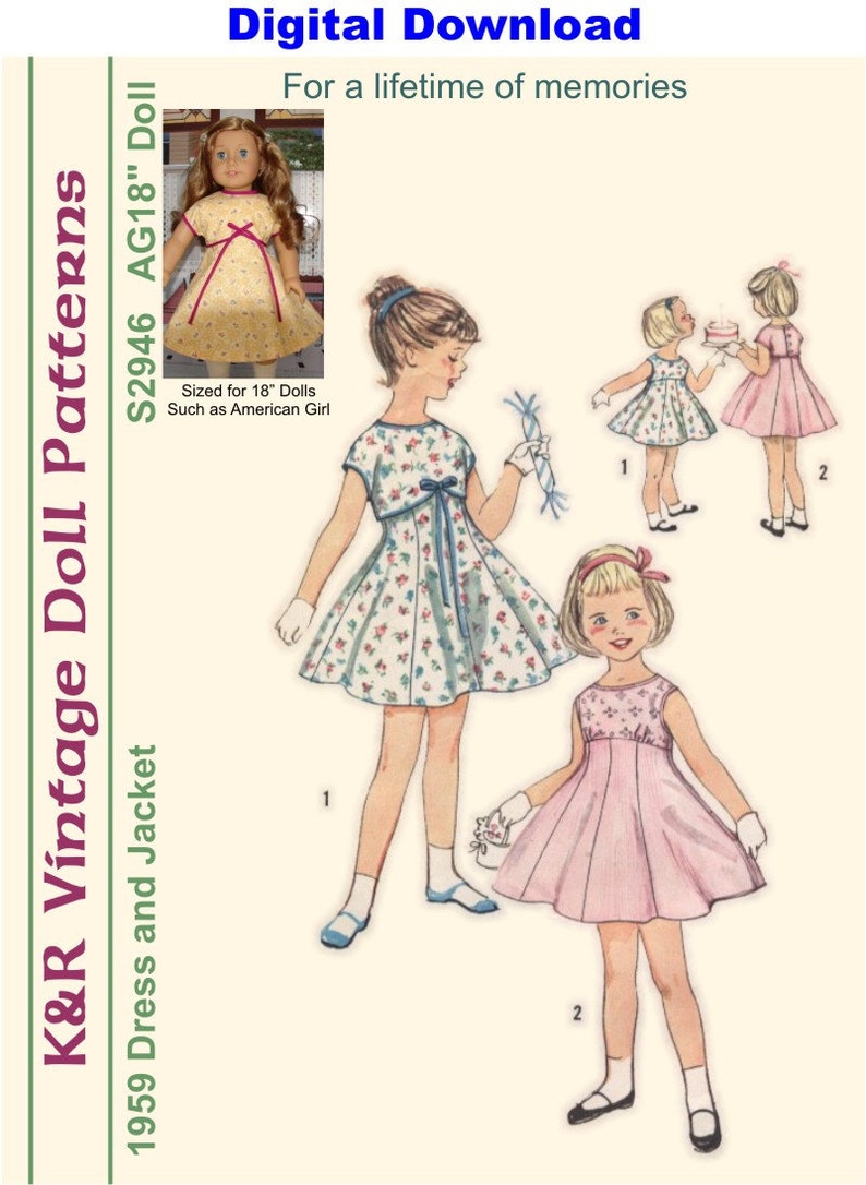 KRVP-2946DD, 18 Doll, Vintage 1950s Dress and Jacket PATTERN, Digital Download image 1
