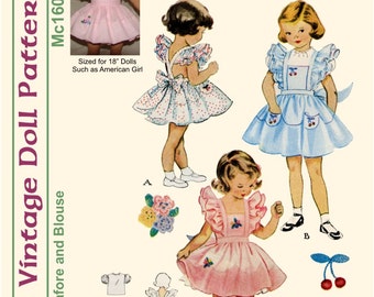 May include: Vintage sewing pattern for a pinafore and blouse for 18-inch dolls. The pattern includes instructions and diagrams for making a pink pinafore with a white blouse, a blue pinafore with a white blouse, and a white blouse with a pink pinafore. The pattern is titled "1951 Girl's Pinafore and Blouse" and has the number "Mc1605 18AG".