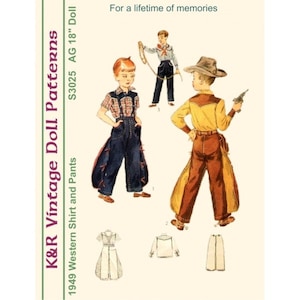 Puede incluir: Patrón de costura vintage para una muñeca western, que incluye una camisa y pantalones. El patrón es para una muñeca de 45 cm e incluye instrucciones para hacer una camisa a cuadros, pantalones vaqueros con chaps y una camisa amarilla lisa con pantalones marrones y chaps. El patrón se titula "K&R Vintage Doll Patterns" y "1949 Western Shirt and Pants" y tiene el número "S3025 AG 18" Doll".