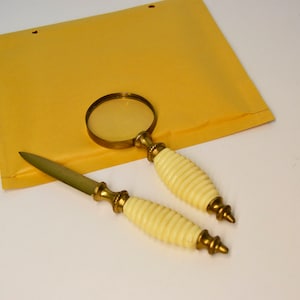 vendimia se abre sobre o lupa, regalo de profesor, vintage office gift, vintage office decor, cuchillo de papel, carta de cuchillo