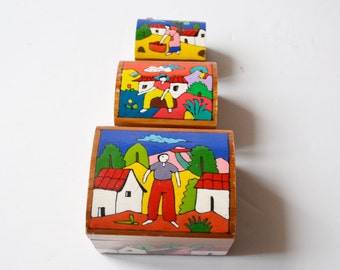 boîtes en bois dessinées à la main, artisanat mexicain vintage