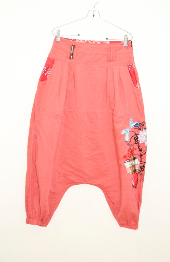 Red Pants, Sarouel Pants, Recycled Denim Patchwork