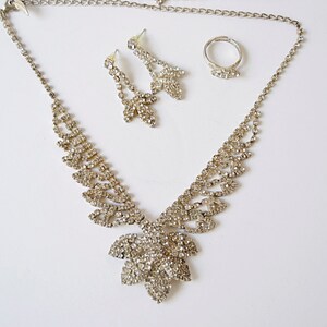 Pu&ograve; includere: Un set di collana, orecchini e anello in argento con strass trasparenti. La collana presenta un delicato design a forma di foglia.