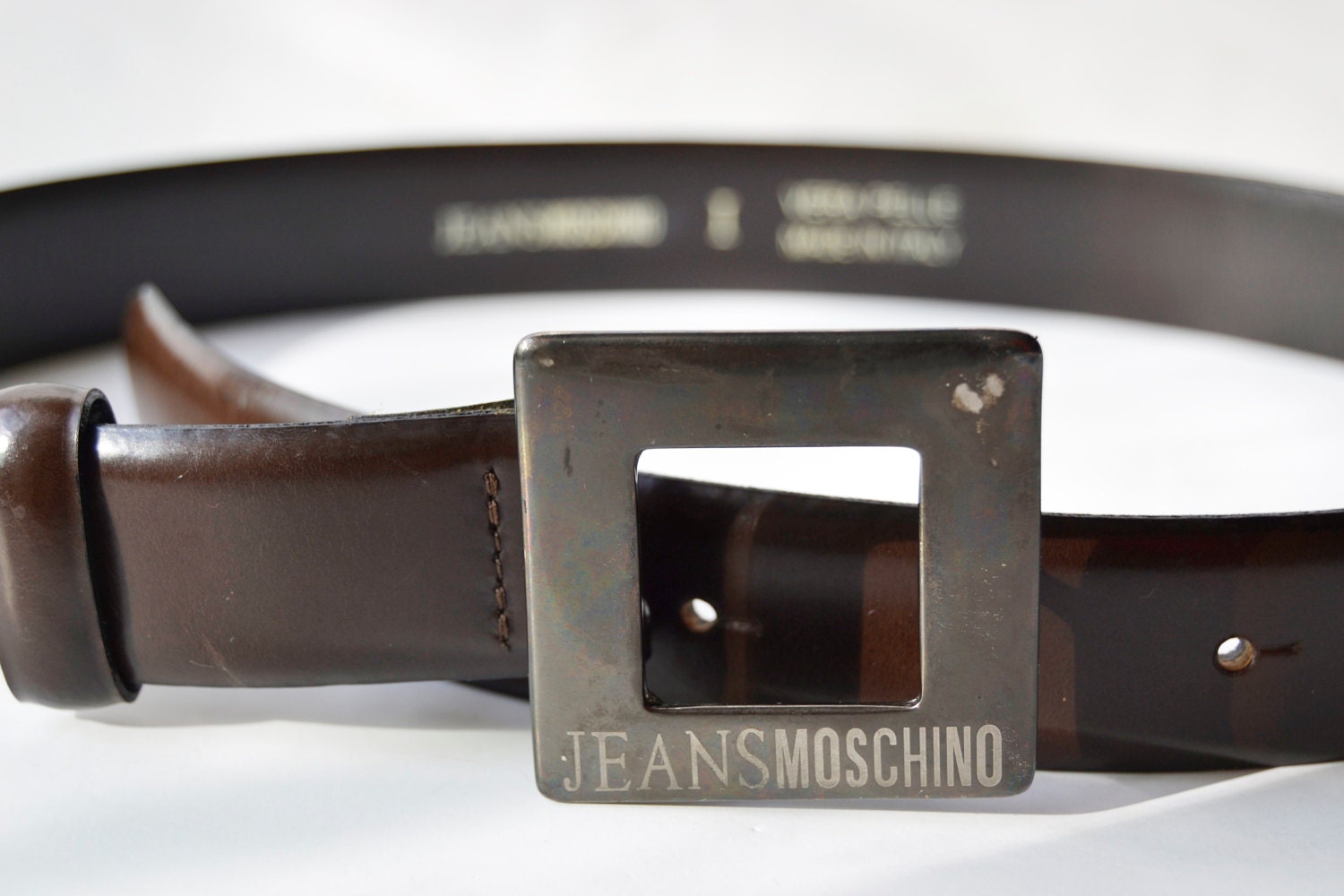 Vintage y2k Moschino Patent Leather Brown Belt (28-30in waist) SOLD Moschino black patent belt with silver heart buckle  main image 3