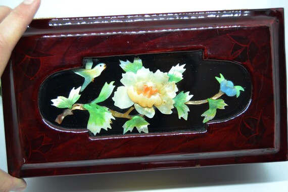 Chinese vintage lacquered wooden jewelry box, Car… - image 4