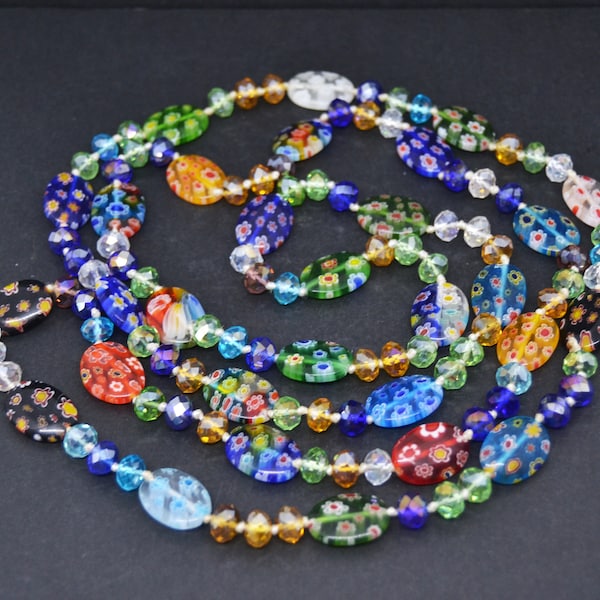 collier en verre de Murano long, collier vénitien, collier en verre Millefiori, collier multicolore, collier vintage, collier coloré, floral