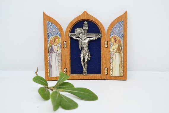 Vintage Religious Triptych: Small Chapel Crucifix, Devotional Gift