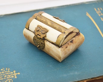 Vintage Bone & Brass Jewelry Box: Velvet Lined Keepsake
