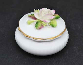 Vintage Mini Porcelain Jewelry Box with 3D Flower