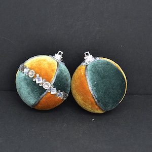 two christmas toys, green, yellow and green velvet ornaments, christmas balls, christmas tree ornaments, velvet christmas ornaments set.