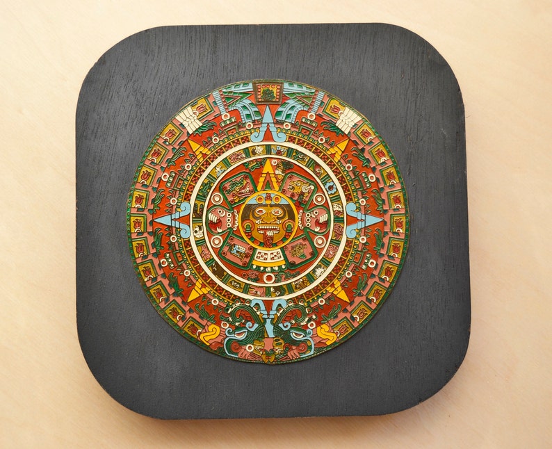 Vintage Aztec Calendar Wall Hanging Sun Wood Plaque Cuauhxicalli Home Decor A Colorful Metal Is Attached