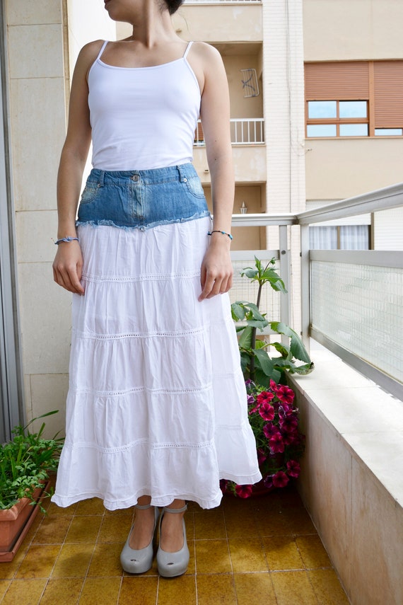 Falda blanca,falda larga de mezclilla,falda larga ,falda de volantes,falda  larga blanca,falda de verano,boho moda,hipy ,gipsi falda -  México