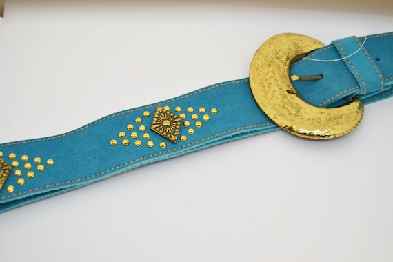 Vintage Italian Blue Suede Belt Gold Multi Stone Cabochon Buckle Boho Large 36 Western Belt Buckle Gold Blue Stone Cabochon – Buckle My Belt main image 4