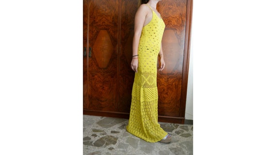 long yellow crochet dress, handmade dress, vintage