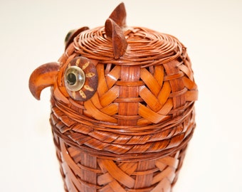 Boîte hibou en osier vintage : vide-poches en bambou