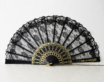 lace fan, black fan, vintage fan, folding fan, black lace fan, spanish fan, women's gift, summer accessories,