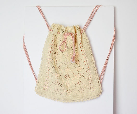 vintage beige crochet handmade backpack - image 1