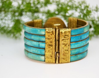 Bracelet Vintage Années 60 En Laiton Et Nacre - Style Manchette - Bijou Rétro