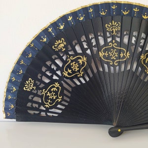 handgezeichnete Holz-Fan, blauer Fan, Sammlung Fan, spanischer Fan, blau und gold Fan, Frauen Geschenk