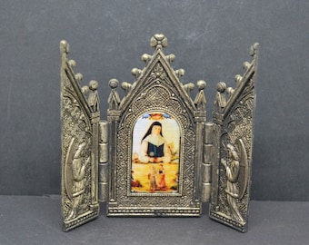 Antique Metal Religious Triptych: Our Lady Reliquary, Catholic Alter