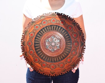 sun of Argentina,leather mandala, leather sun, leather, ethnic decoration,leather wall decoration, engraved leather Plato Center Cow Leather