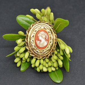 cameo brooch,Vintage oval brooch,vintage cameo brooch,female profile brooch,small brooch,gold tone brooch,vintage brooch,women gift