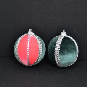 two christmas toys, green, pink and green velvet ornaments, christmas balls, christmas tree ornaments, velvet christmas