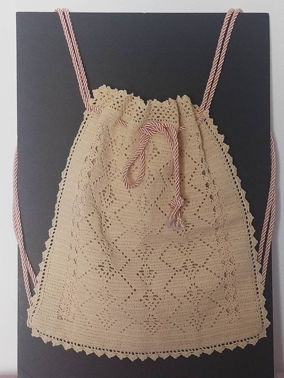 vintage beige crochet handmade backpack - image 6