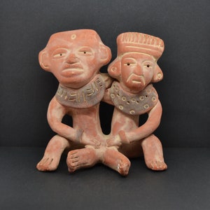 Pre-Columbian figures, Mexican folk art, vintage Maya, Inca, Aztec statuettes, teracotta figurine, sitting couple statue