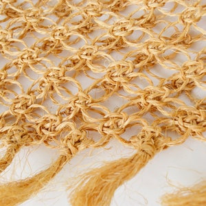 May include: A close-up of a beige macrame wall hanging with fringe tassels. The macrame is made with a natural fiber rope and has a diamond pattern.