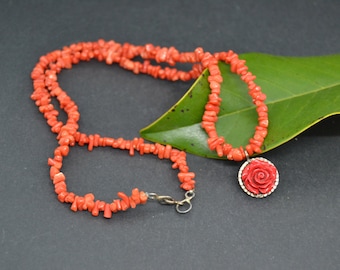 Vintage Rote Korallen Kette: Korallen Äste & Rosen Anhänger