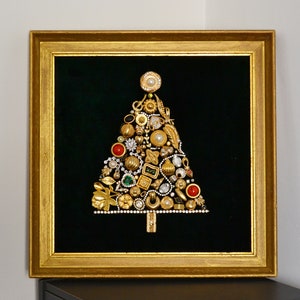 Framed artwork, Christmas tree with jewelry, vintage handmade, Christmas decoration, vintage jewelry art, original art, Christmas tree