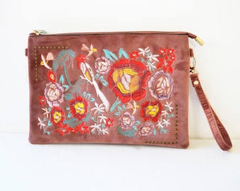 アンティークベルベット刺繍　ハンドバッグ 刺繍入り花柄ベルベットバッグ：ヴィンテージスタイルのハンドバッグ