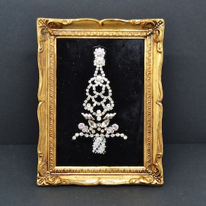 Christmas tree framed artwork with vintage handmade jewelry, Christmas decoration, vintage jewelry art, original art, Christmas tree