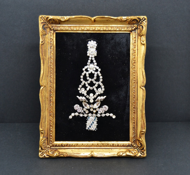 Christmas tree framed artwork with vintage handmade jewelry, Christmas decoration, vintage jewelry art, original art, Christmas tree image 1