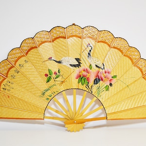 Vintage Large Asian Huge Chinese Hand Painted Bamboo Wall Fan Wall Home Decor Peacock Decor Folding Wall Fan Art Gift Idea Open 35&quot;inches