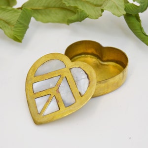 vintage brass heart and mother of pearl pill box, well made heart shaped brass pill box with mother of pearl finish on top