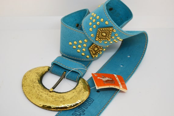 Vintage Light Blue Suede Belt: Gold Buckle Art Deco Belt - Etsy display picture 2