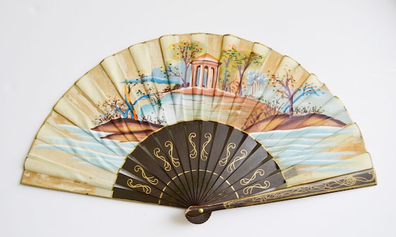 Antique Spanish Hand Painted Wood- Paper Hand Folding Fan Hand Fan, Spanish Style, Hand Painted, Wood Open Cut-Work  main image 4